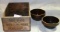 WOODEN PRUNE BOX - TALBERT CO. GRAND ISLAND - 2 STONEWARE BOWLS