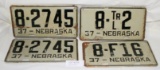 1 PAIR, 2 SINGLE 1937 HALL CO. NEBR. LICENSE PLATES