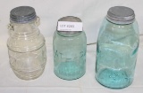 3 VINTAGE GLASS JARS W/ZINC LIDS