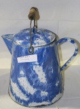 BLUE GRANITE STYLE ENAMEL COFFEE POT W/WIRE HANDLE