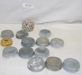 12 CANNING JAR ZINC LIDS, AXLE GREASE TIN, GLASS PAPER WEIGHT