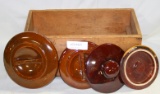 SMALL WOOD BOX W/4 BROWN STONEWARE LIDS