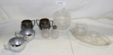 FLAT BOX OF ASSORTED GLASS, SILVER PLATE SERVING ITEMS