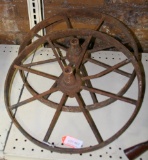 PAIR OF PRIMITIVE IRON FARM IMPLEMENT WHEELS - LOCAL PICKUP ONLY