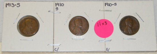 2 - 1910-S, 1913-S LINCOLN WHEAT CENTS - 3 TIMES MONEY