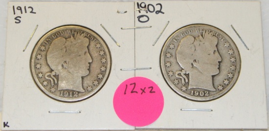 1902-O, 1912-S BARBER HALF DOLLARS - 2 TIMES MONEY