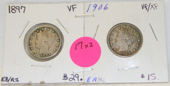 1897, 1906 LIBERTY V NICKELS - 2 TIMES MONEY