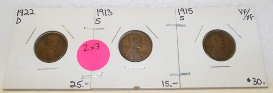 1913-S, 1915-S, 1922-D LINCOLN WHEAT CENTS - 3 TIMES MONEY