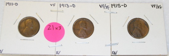 1911-D, 1913-D, 1915-D LINCOLN WHEAT CENTS - 3 TIMES MONEY