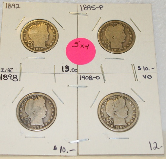 1892, 1895, 1898, 1908-O BARBER QUARTERS - 4 TIMES MONEY