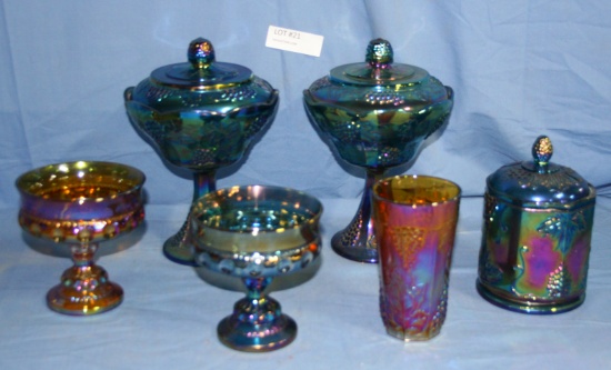 6 PCS. ASSORTED CARNIVAL GLASS COMPOTES, LIDDED DISHES