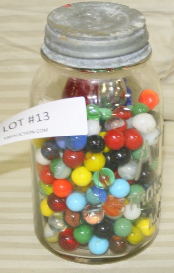 ATLAS GLASS JAR W/ZINC LID - 3/4 FULL OF ASSORTED MARBLES