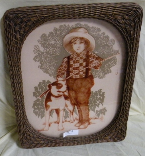 3-D STYLE WICKER FRAMED BOY FISHING ART ON GLASS