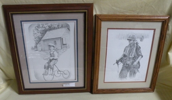 2 MICK HAMEL FRAMED PENCIL SKETCH ART DRAWINGS