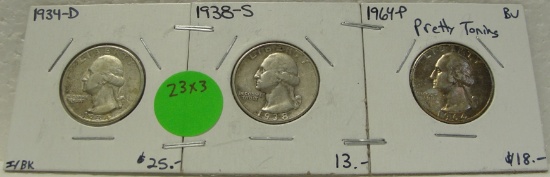 1934-D, 1938-S, 1964 SILVER WASHINGTON QUARTERS - 3 TIMES MONEY