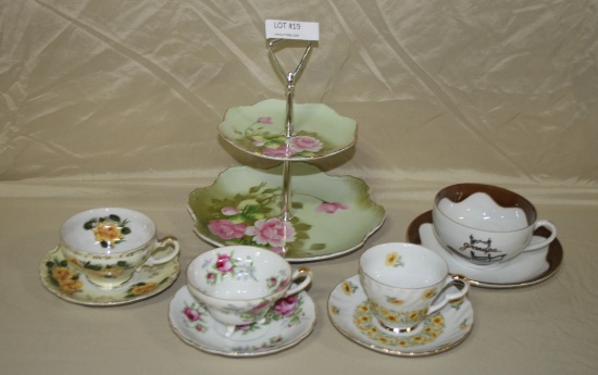 4 LEFTON CHINA CUP & SAUCERS SETS, 2-TIER CANDY TRAY