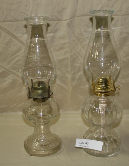 2 CLEAR GLASS OIL LAMPS W/CHIMNEYS