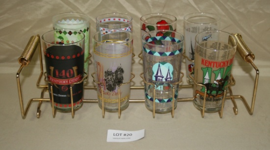 VTG. WIRE GLASS CADDY W/8 KENTUCKY DERBY DRINKING GLASSES