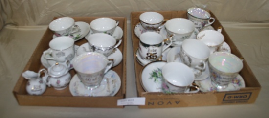 2 FLAT BOXES OF ASSORTED ANNIVERSARY CUPS AND SAUCERS