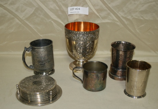 FLAT BOX OF ASSORTED SILVER PLATE CUPS, COASTERS