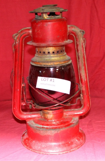 PAULL'S NO. 230 OIL LANTERN W/RED GLASS CHIMNEY