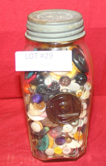 VINTAGE CANNING JAR OF ASSORTED BUTTONS