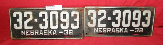 MATCHING PAIR OF 1938 THAYER CO. NEBR. LICENSE PLATES