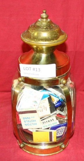 GLASS & BRASS JAR FULL OF ADVERTISING MATCHBOOKS