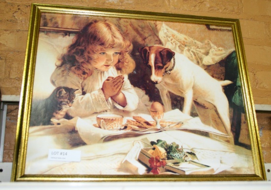 GOLD STYLE FRAMED YOUNG GIRL PRAYING W/CAT & DOG ART PRINT