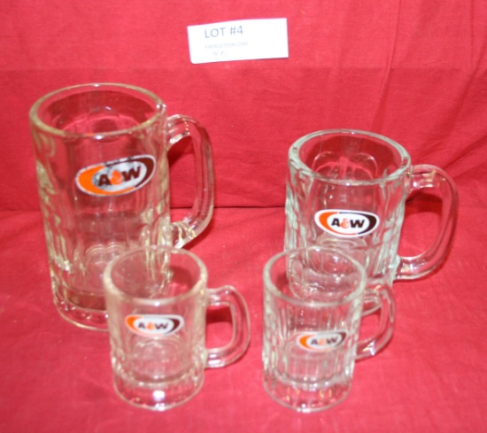 4 VINTAGE GLASS A&W ROOT BEER MUGS