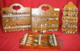 4 WOOD DISPLAYS FULL OF ASSORTED COLLECTOR SPOONS