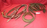 FLAT BOX OF ASSORTED LEATHER HORSE REINS, HEAD STALLS