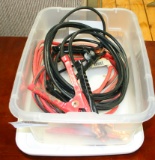 SMALL PLASTIC TOTE W/JUMPER CABLES, 15-FOOT EXTENSION CORD