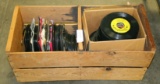 WOODEN FRUIT CRATE W/ASSORTED 45 RPM RECORDS