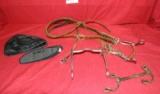 FLAT BOX OF ASSORTED HORSE BITS/TACK, SWEAT HAWG HEADWEAR