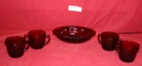 2 SETS RUBY RED GLASS CREAM & SUGARS, SERVING DISH