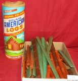FLAT BOX, CARDBOARD CANISTER W/WOODEN AMERICAN BUILDING LOGS