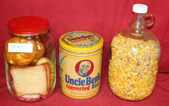 UNCLE BEN'S RICE TIN, GLASS SUGAR JAR, GLASS SYRUP JAR