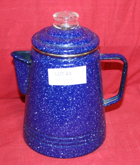 BLUE SPECKLED ENAMEL COFFEE POT W/GLASS KNOB LID