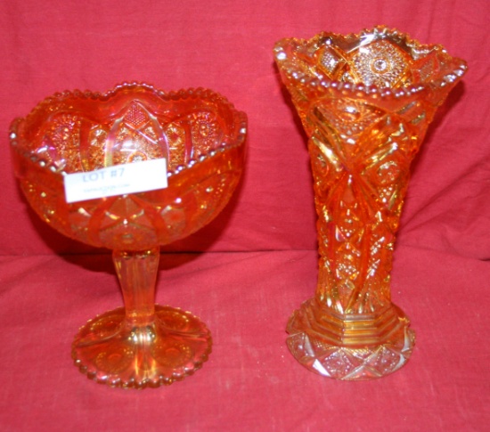 2 PCS. OF IRRIDESCENT GLASSWARE - VASE, COMPOTE