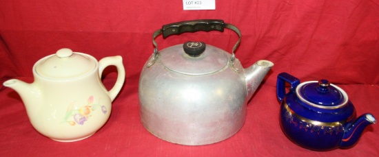 VTG. ALUMINUM TEAPOT, 2 CERAMIC TEAPOTS