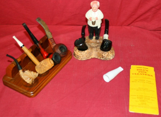 FLAT BOX OF TOBACCO PIPES, PIPE STAND, ACCESSORIES