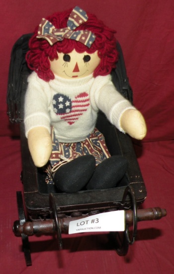 DECORATIVE DOLL BUGGY W/RAGGEDY ANN FABRIC DOLL