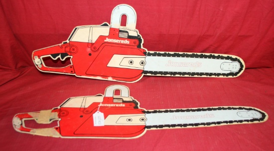 2 CARDBOARD DOUBLE-SIDED JONSEREDS CHAINSAW ADVERTISING PIECES