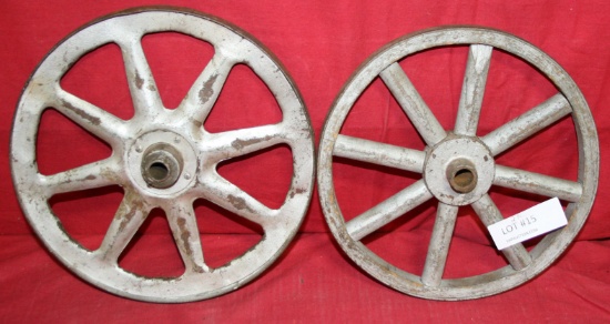 2 SMALL PRIMITIVE IRON RIM WHEELS - 1 W/WOOD SPOKES