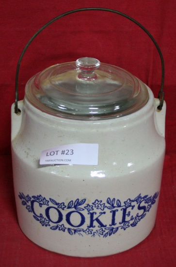 OVEN PROOF STONEWARE COOKIES JAR W/WIRE HANDLE - GLASS LID