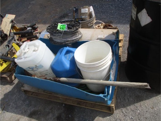 Skid of Misc. Wire, Plastic Jugs, Water Hose,