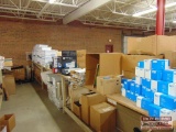 Row of Racking and Contents to Include Cardboard Packaging, Fluorescent Light Bulbs, Office Chair