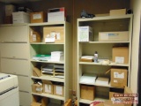 2 Metal Shelves, 1 5 Drawer Metal Cabinet, and Contents