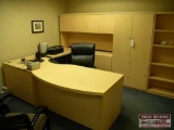 Modular Office Work Station Including Desk, Credenza, Cabinet, Shelves, Desk Chair,And 2 Visitor